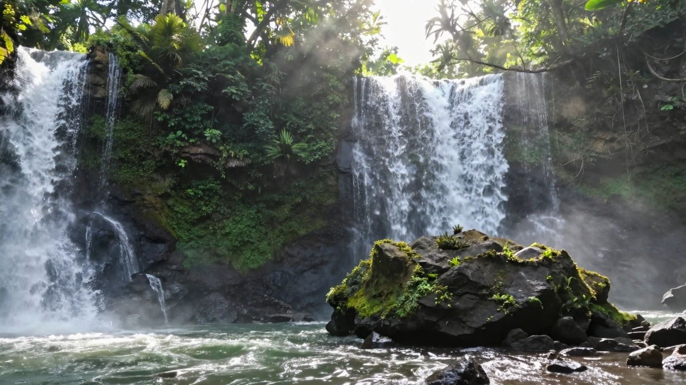 Tegenungan Waterfall cascading through lush jungle in Ubud.