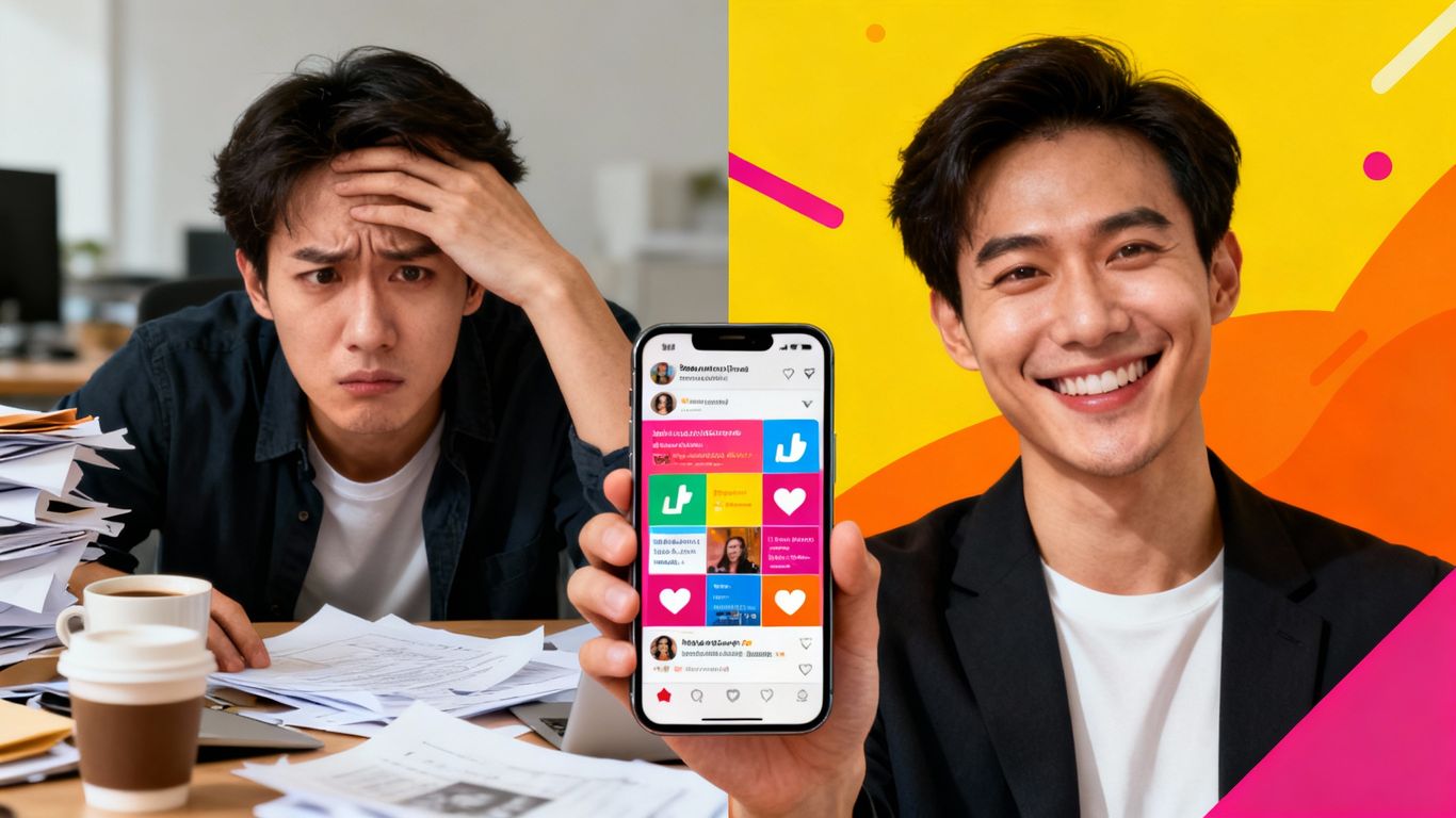 Person transforms from overwhelmed to confident with social media.