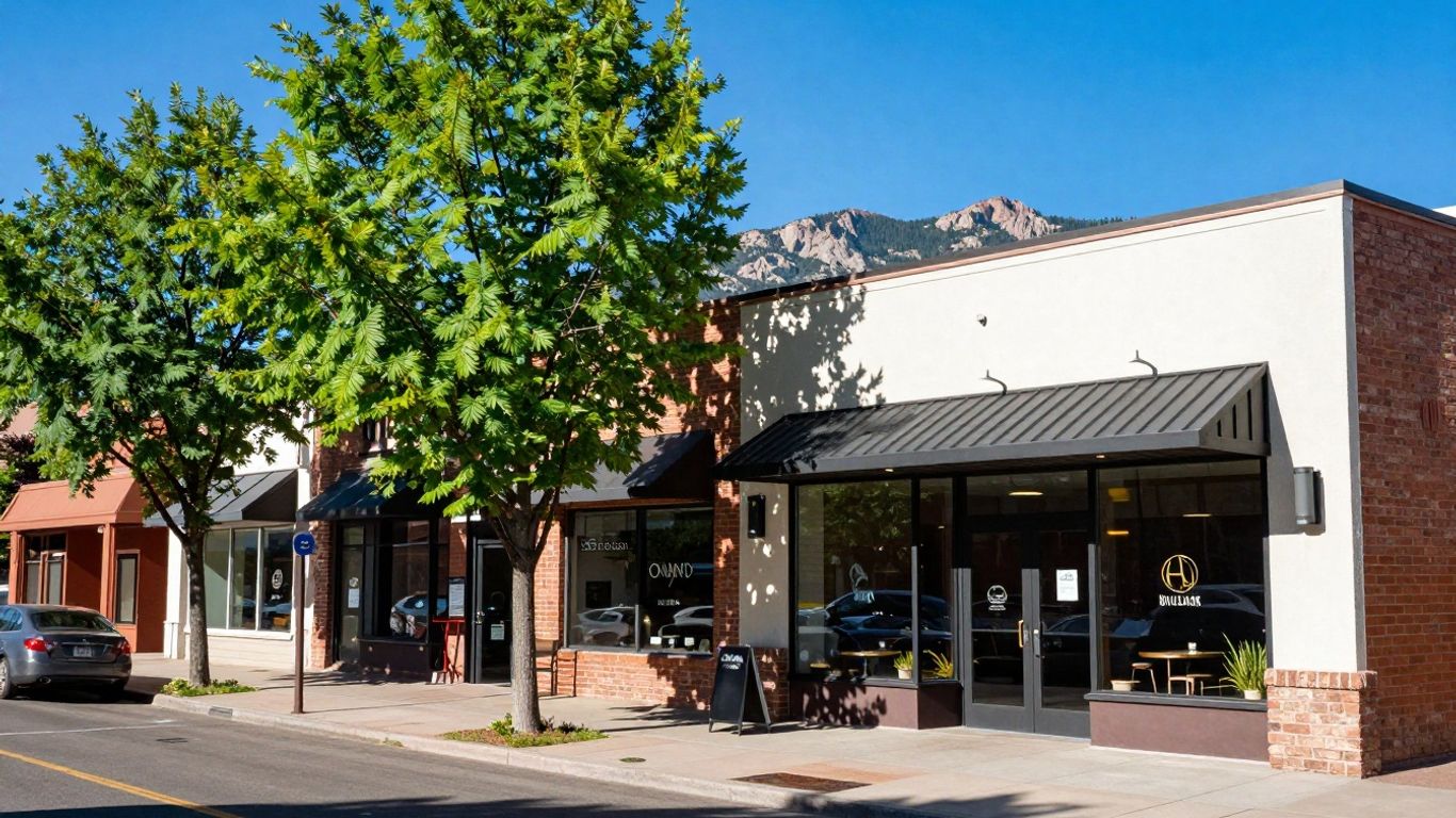 Cannabis dispensary in Boulder, Colorado with mountains.