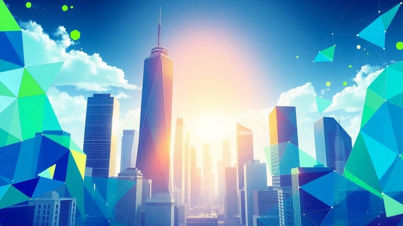 Abstract financial cityscape with geometric shapes.