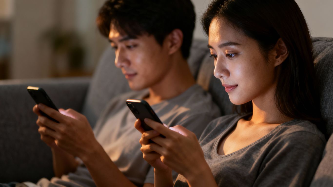 Couple on couch looking at phones, disconnected.