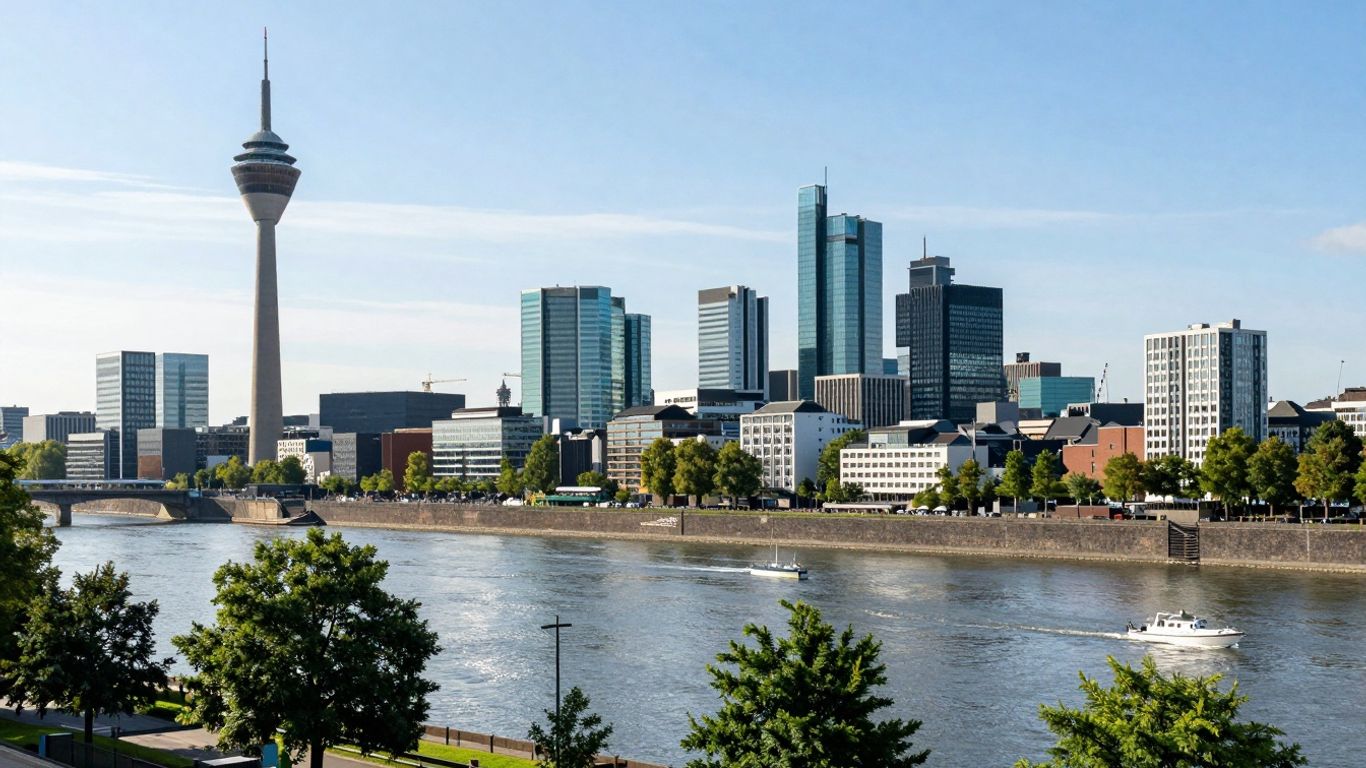 Düsseldorfer Stadtsilhouette am Rhein mit Rheinturm.