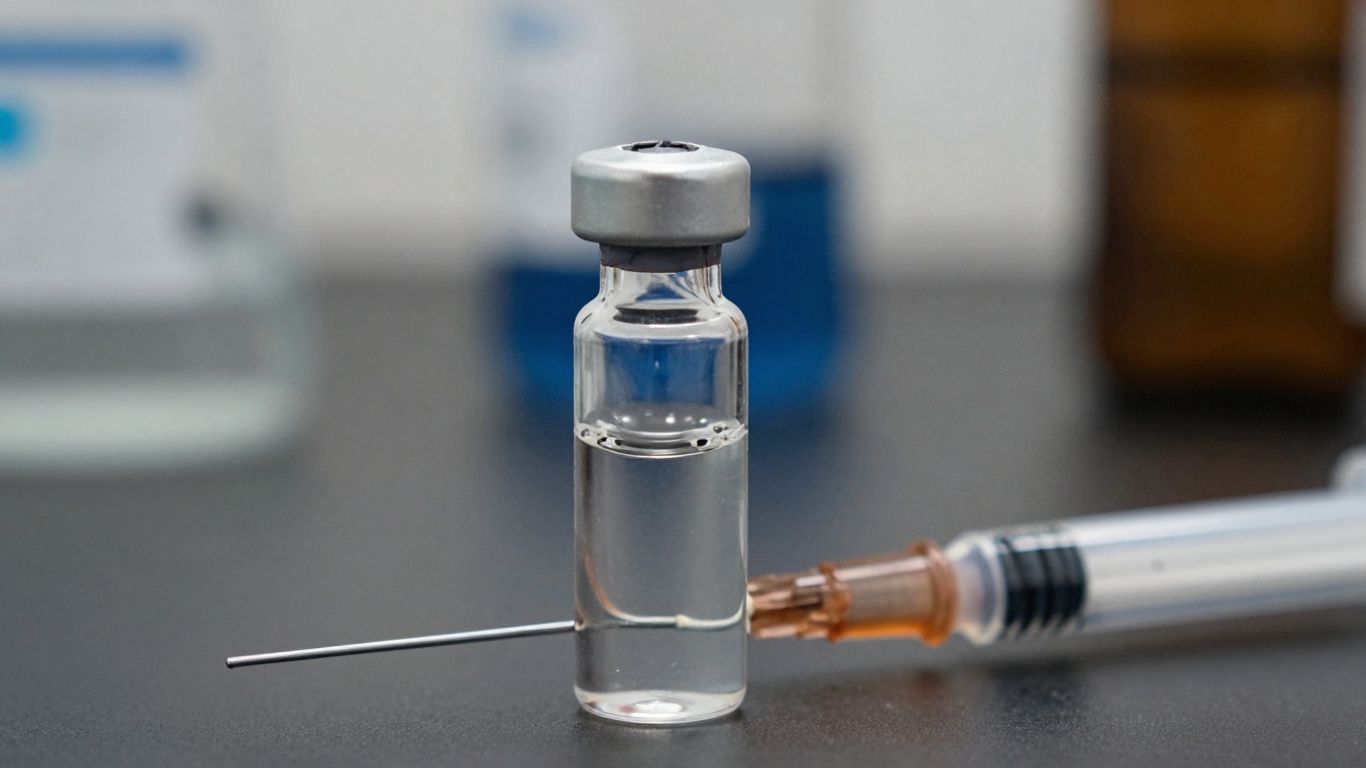 Vial with clear liquid, syringe, scientific research
