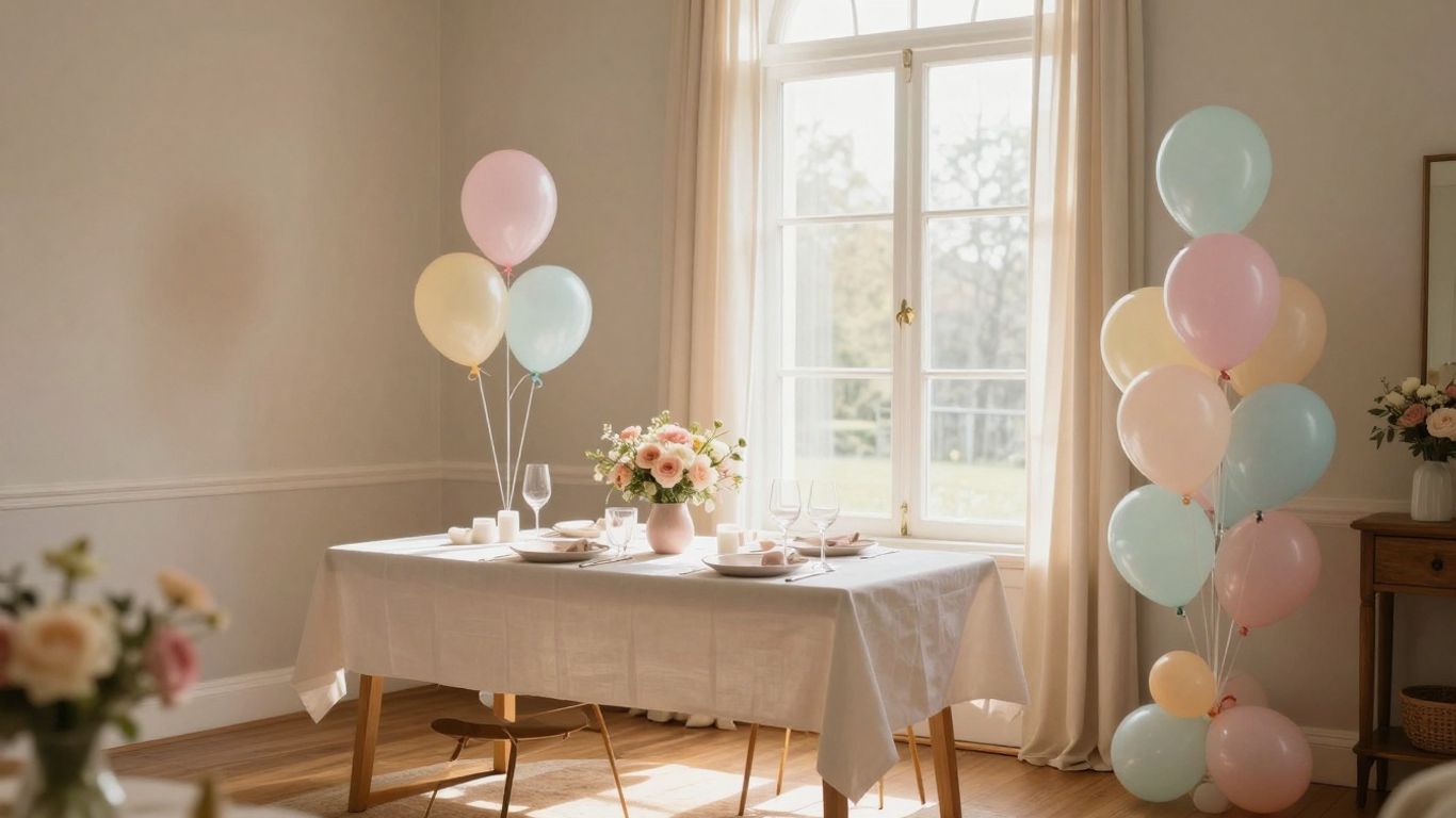 Intimate baby shower venue with pastel balloons and floral decor.