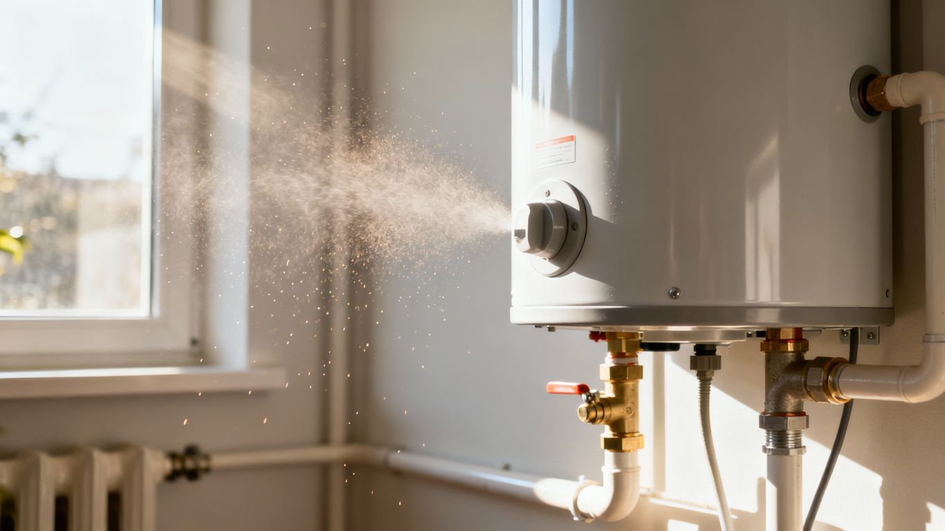 Water heater tank with pipes and sunlight.
