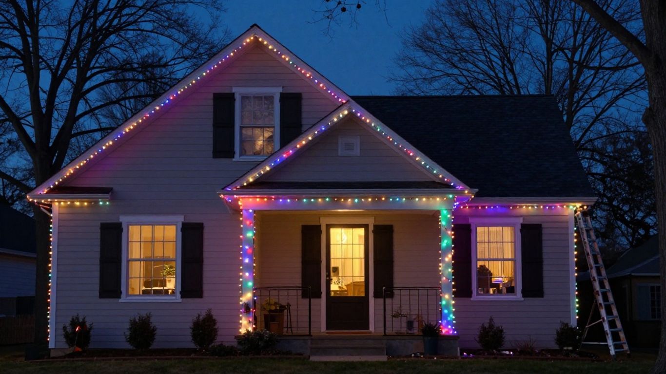 Professionally installed Christmas lights on a house.