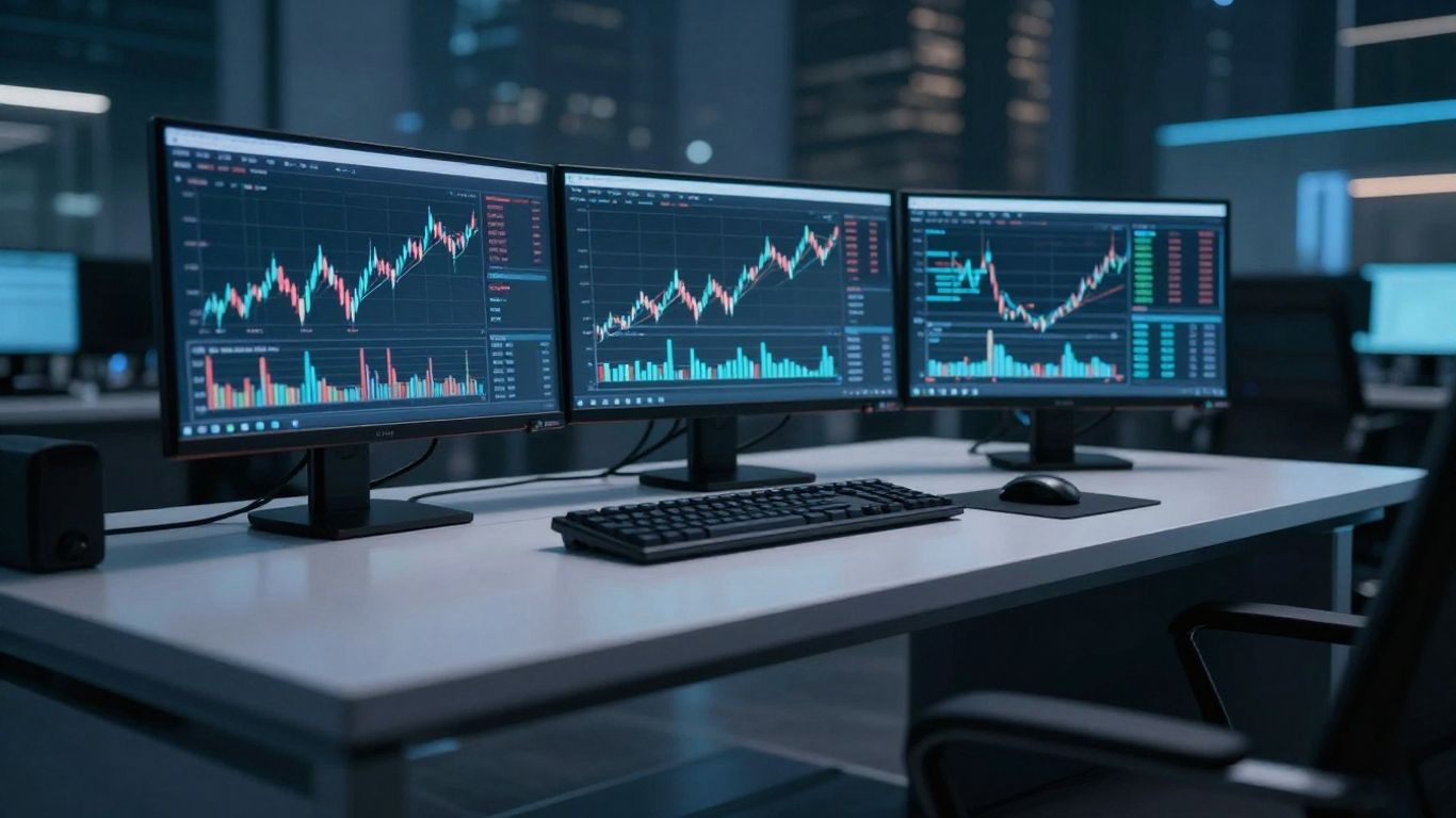 Modern trading desk with city skyline background.