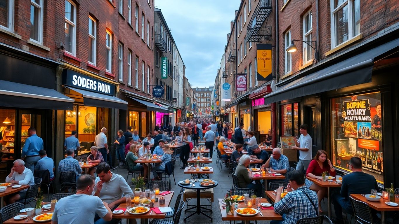 Lively Dalston street with bustling restaurants and diners
