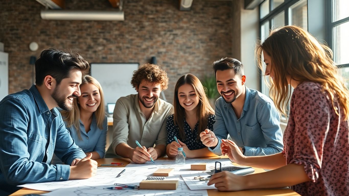 Echipă tânără lucrând la idei verzi pentru start-up.