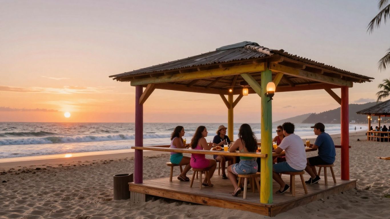 Strandpaviljoen Deining met mensen en zonsondergang.