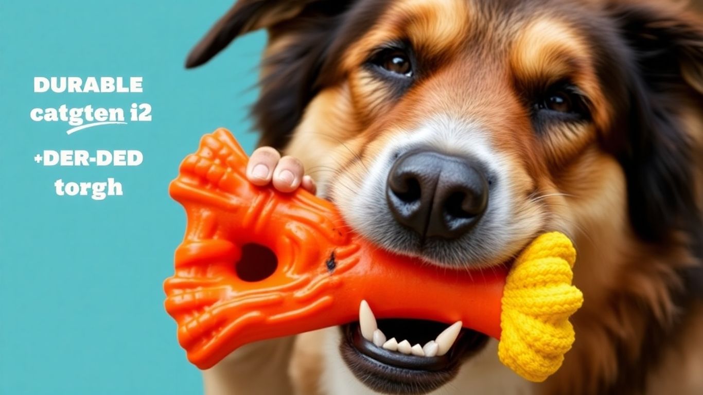 Dog intensely chewing a tough, colorful toy.