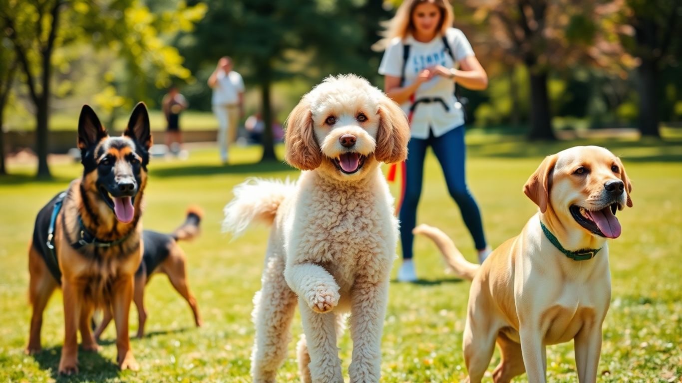 Dogs training with owners in a park.