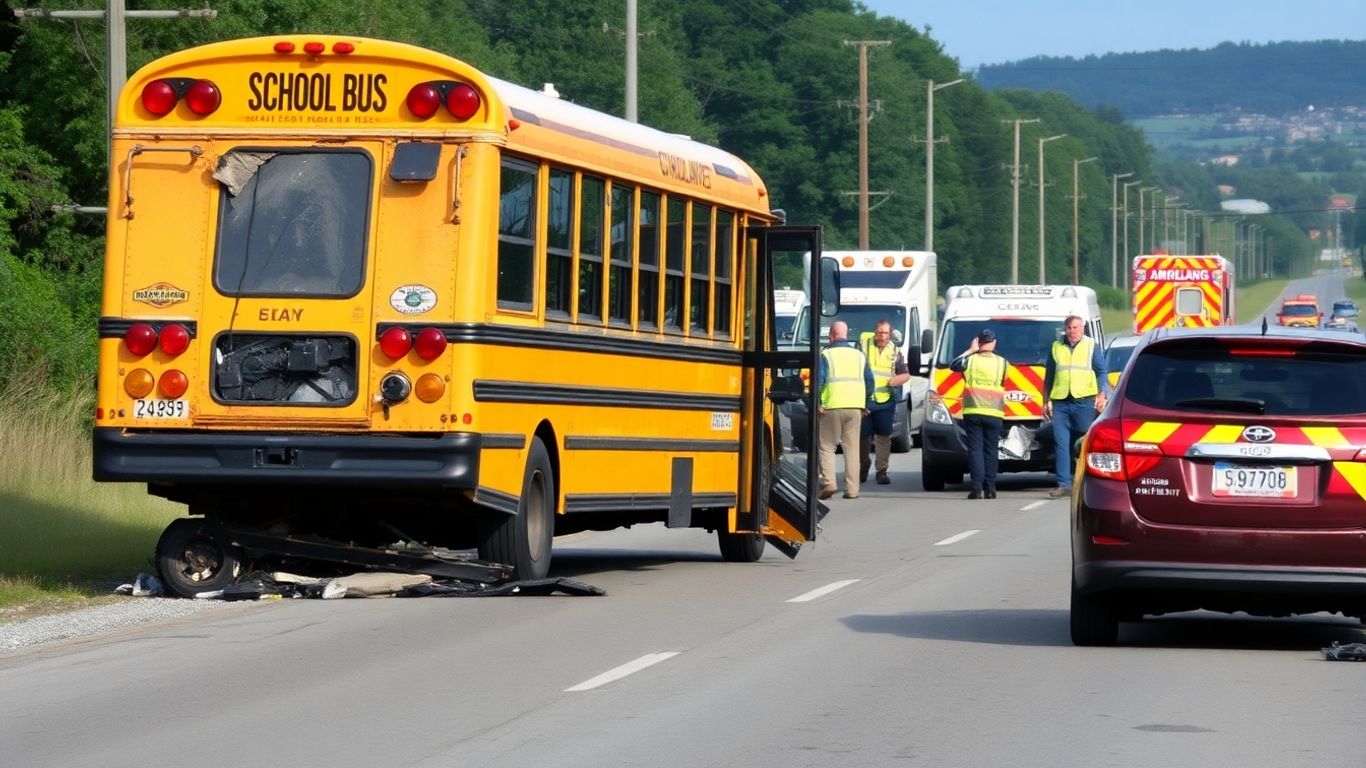 Accident entre bus scolaire et voiture, services d'urgence présents.