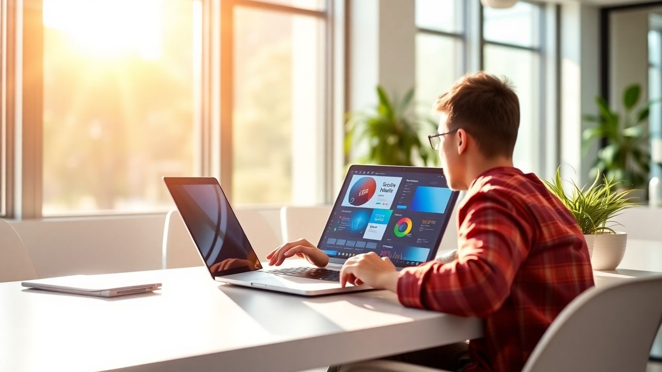 Person working on laptop in modern office