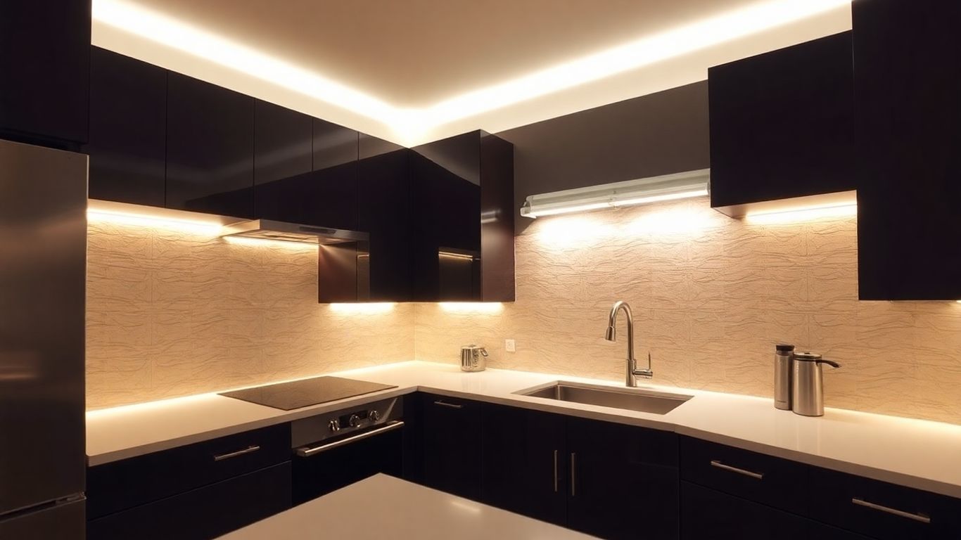 Modern kitchen with under-cabinet LED lighting.