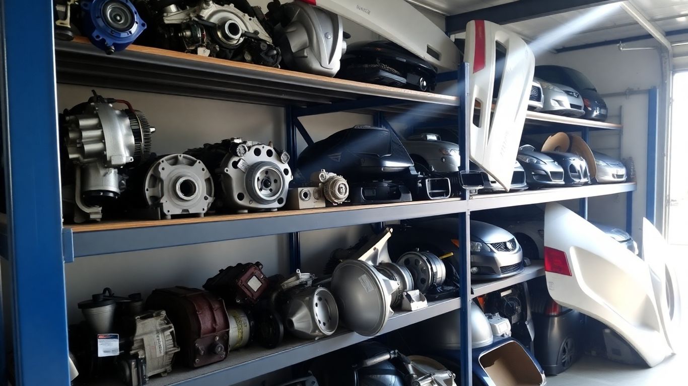 Used Subaru auto parts on a shelf