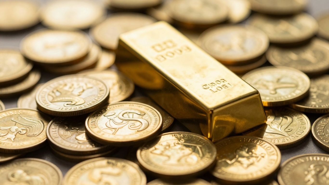 金条和金币在灯光下闪闪发光。