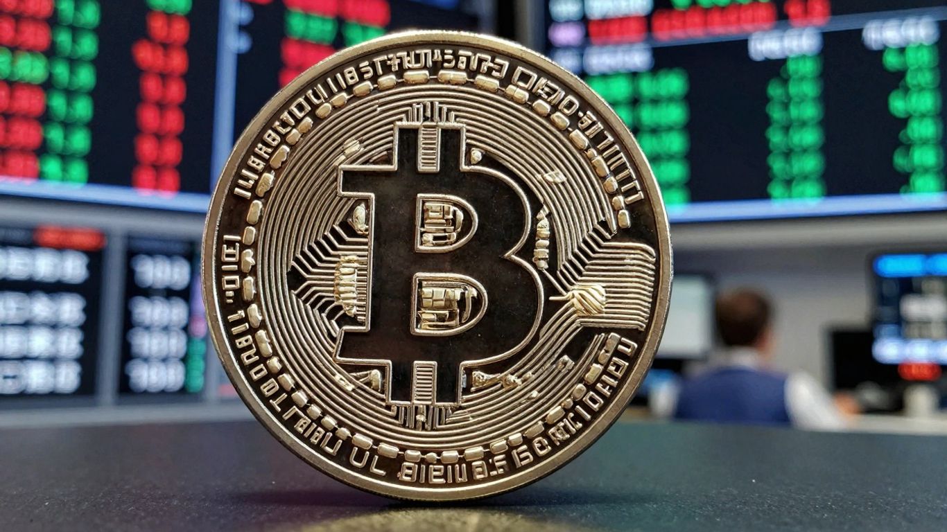 Digital currency coin on a stock market floor.