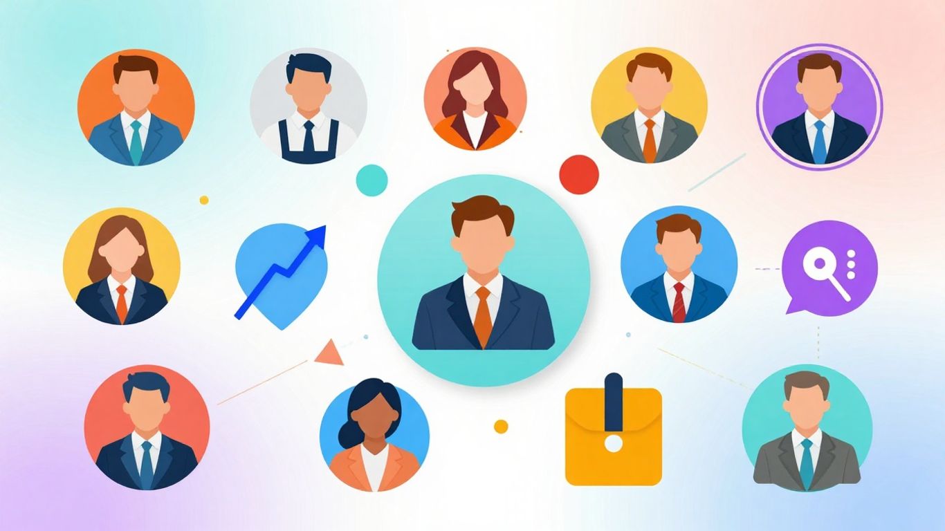 Infographic of professional icons and abstract shapes.