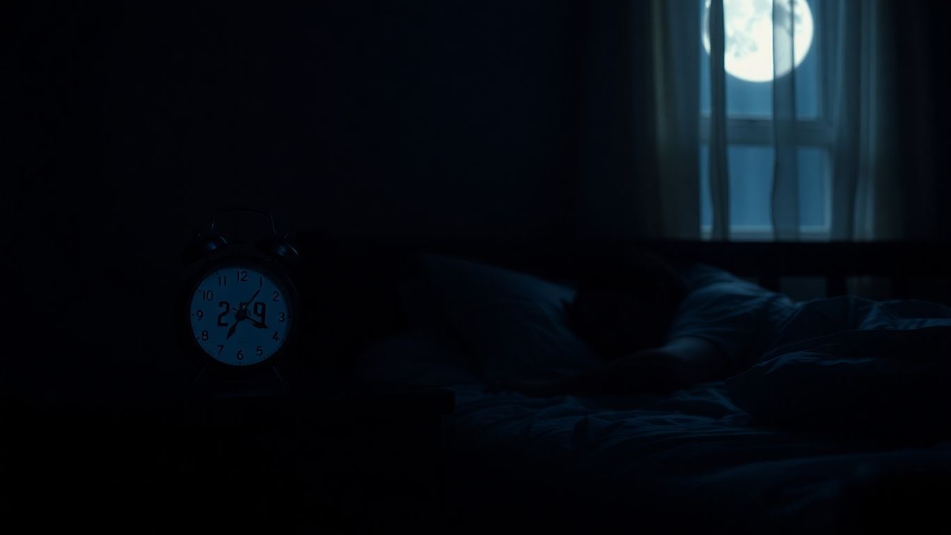 Une horloge indiquant 2h59 dans une chambre sombre.