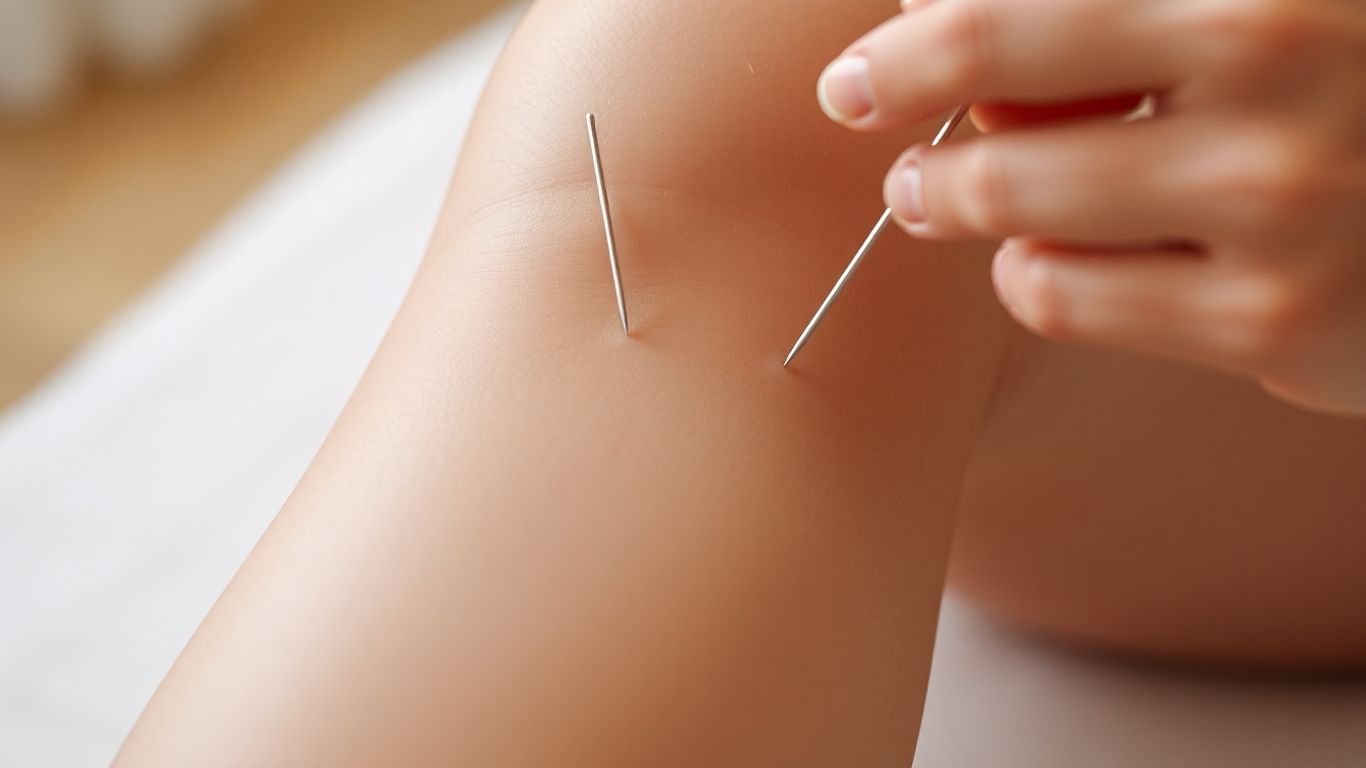 Acupuncture needles on a knee joint.