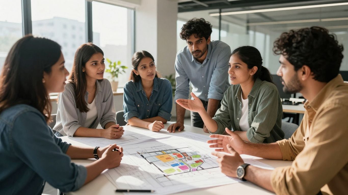 People discussing property plans in a bright office.