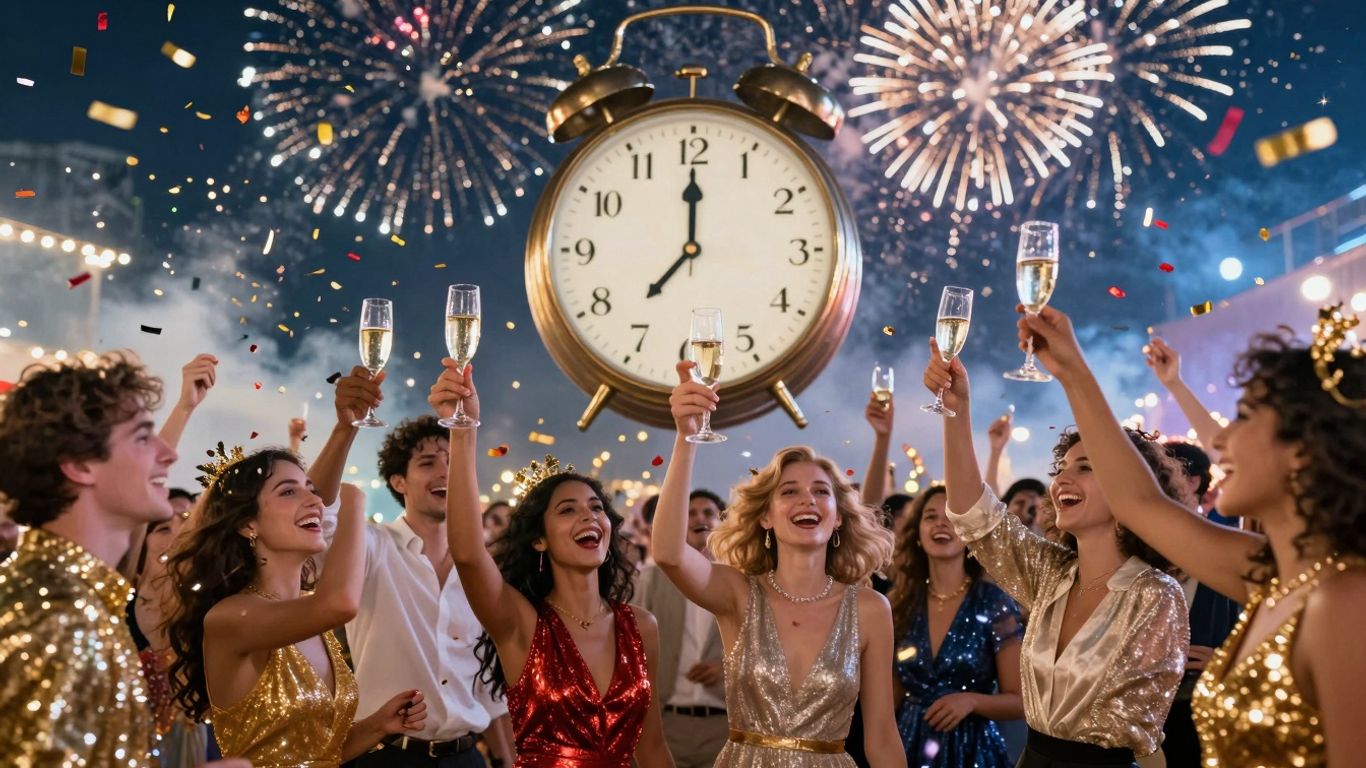 Sylwester w amerykańskim stylu z fajerwerkami i tłumem.