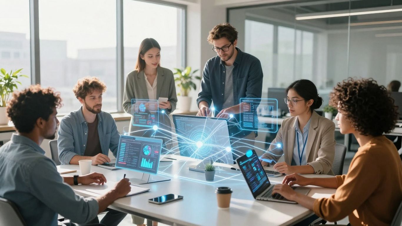 Equipe em reunião com tecnologia de IA avançada.