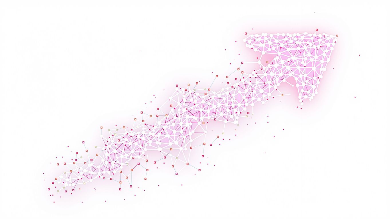 Upward arrow made of digital nodes on white background.
