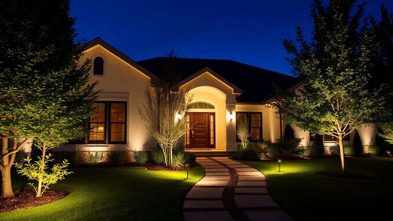 Home exterior lit by various outdoor lights at dusk.