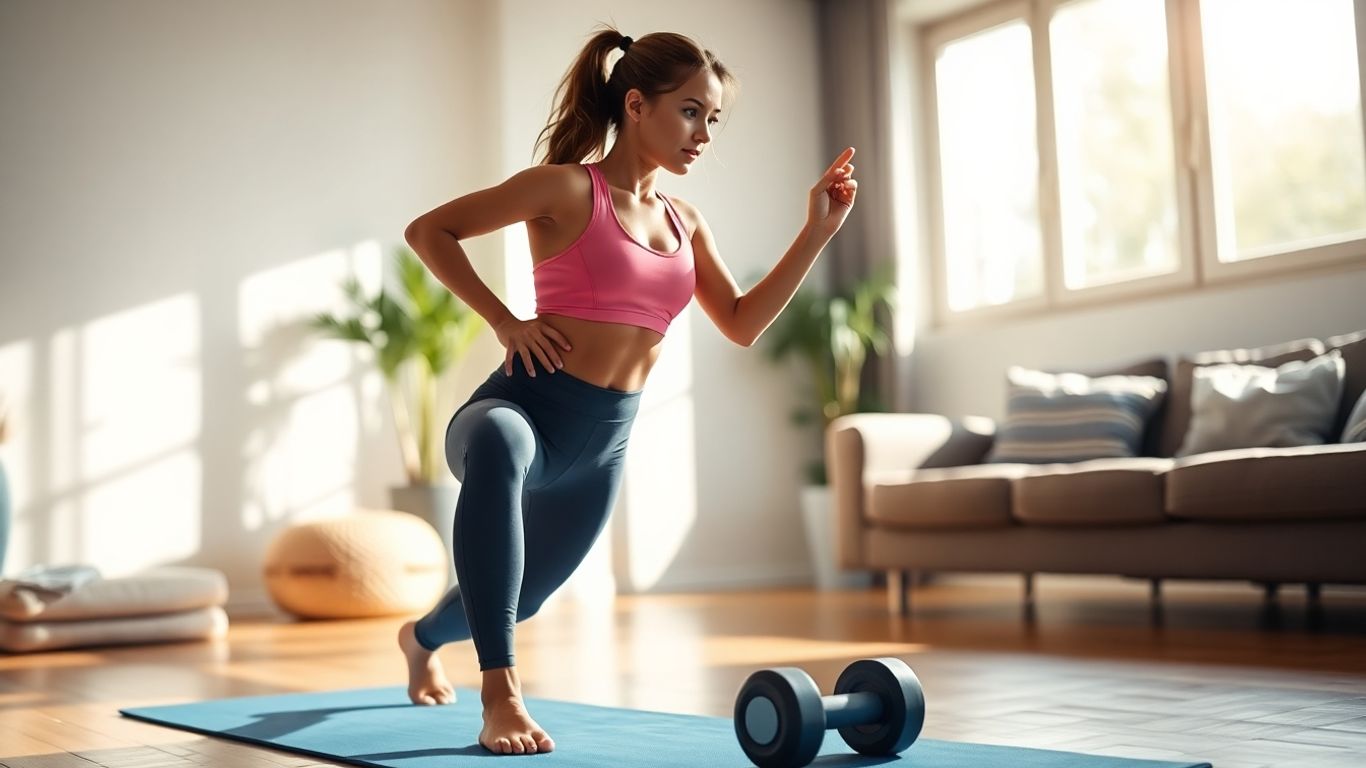 Woman exercising at home with dumbbells and yoga mat.