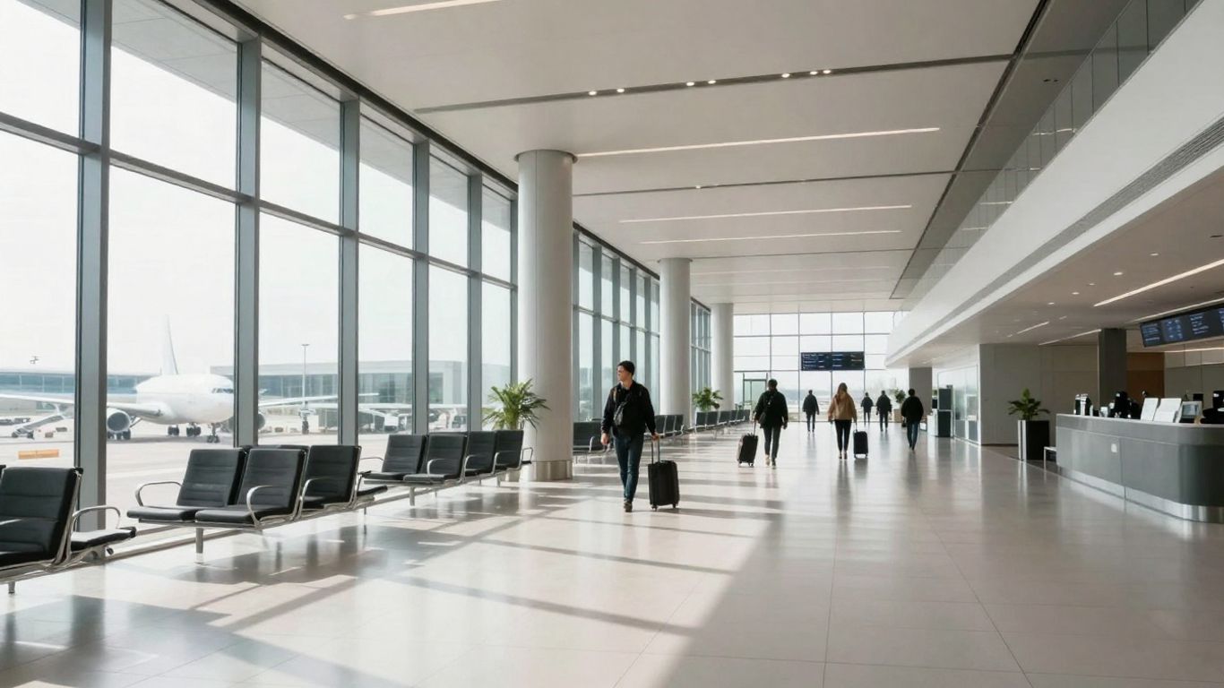 Modern airport departure hall with travelers and luggage.