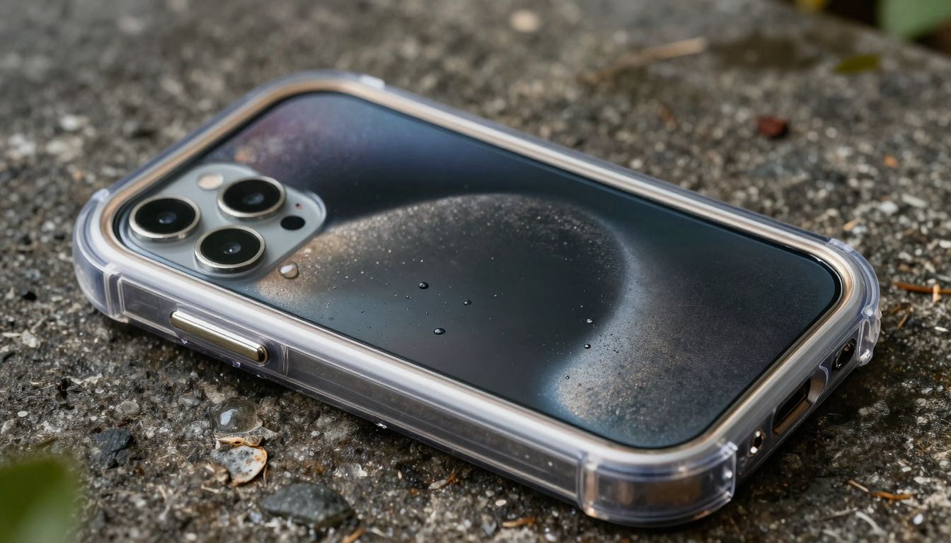 A photorealistic image showing a generic smartphone in a waterproof case with small droplets visible inside the case, suggesting a possible leak