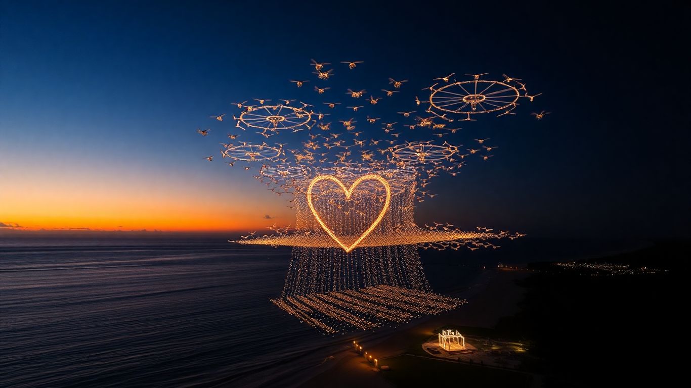 Wedding drones create aerial art over Bali beach.
