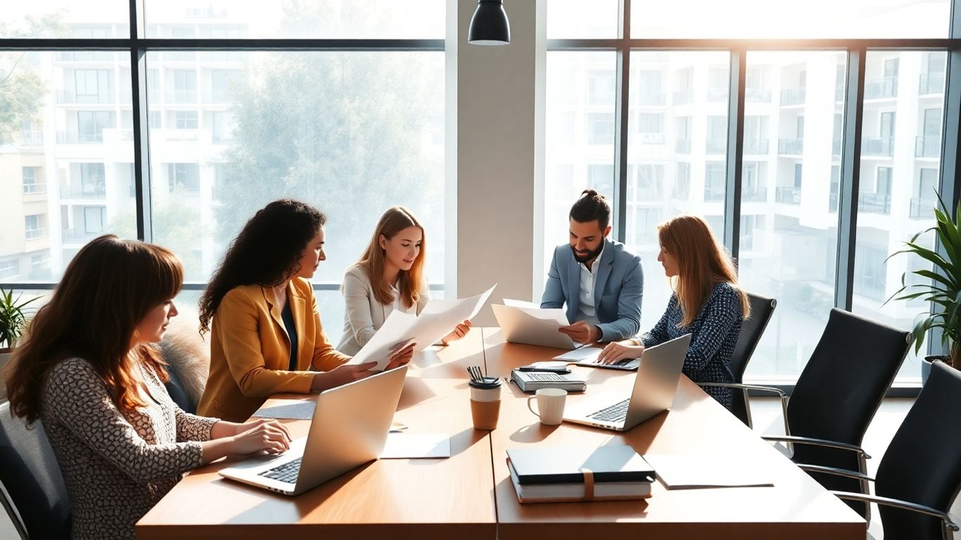 Geschäftsleute diskutieren am modernen Tisch im hellen Büro