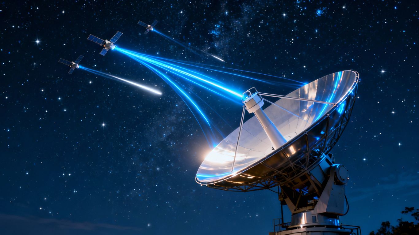 Satellite dish connecting to orbiting satellites in night sky.