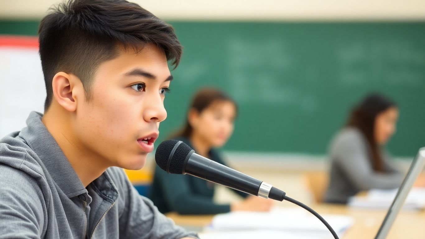 Student speaking confidently into a microphone for TOEFL.