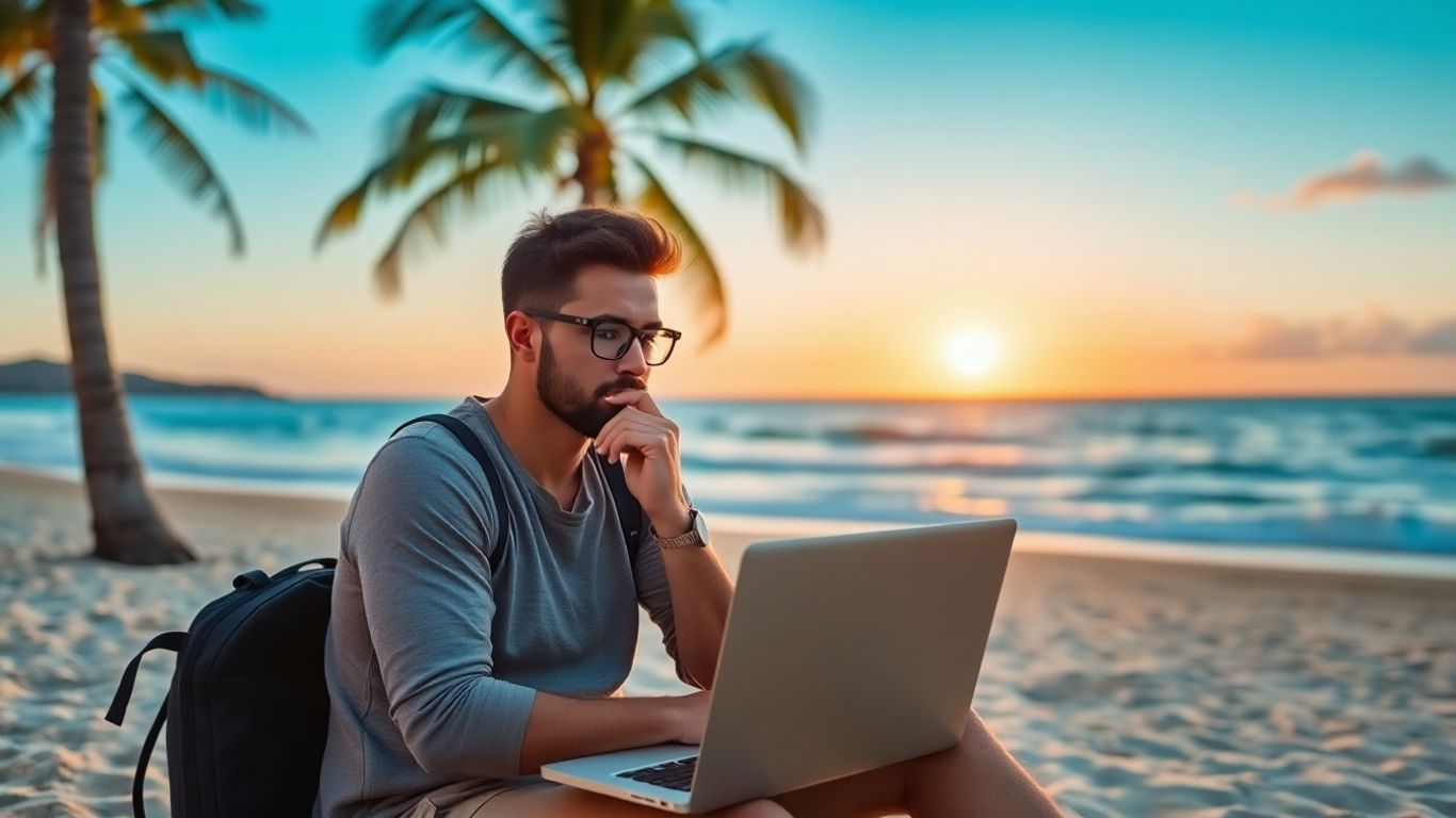 Travel blogger working on laptop at beach during sunset.