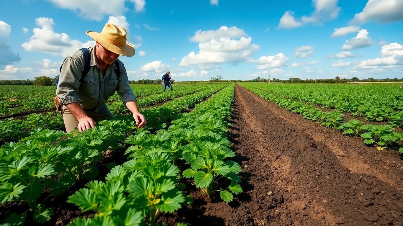 Biologische boer kijkt naar aardappelplanten in vruchtbaar veld