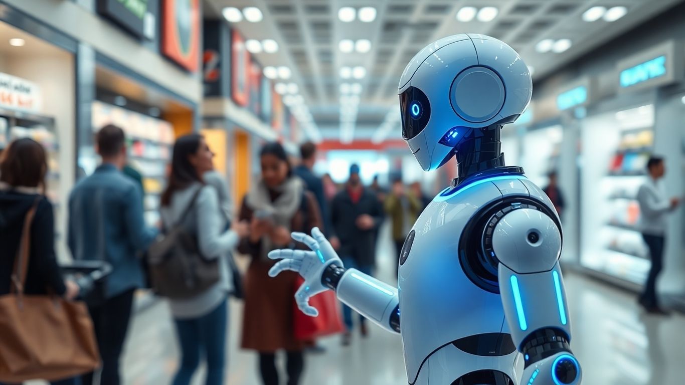 AI robot assisting customers in a modern store.