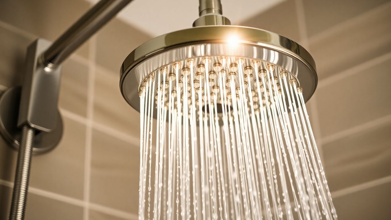 Modern chrome shower head with multiple spray settings.