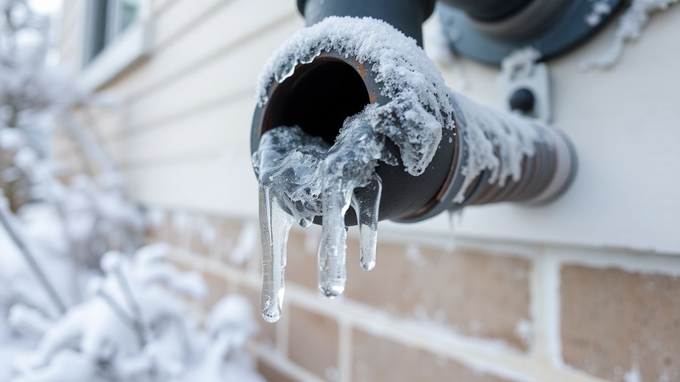Frozen water pipe with frost and icicles.