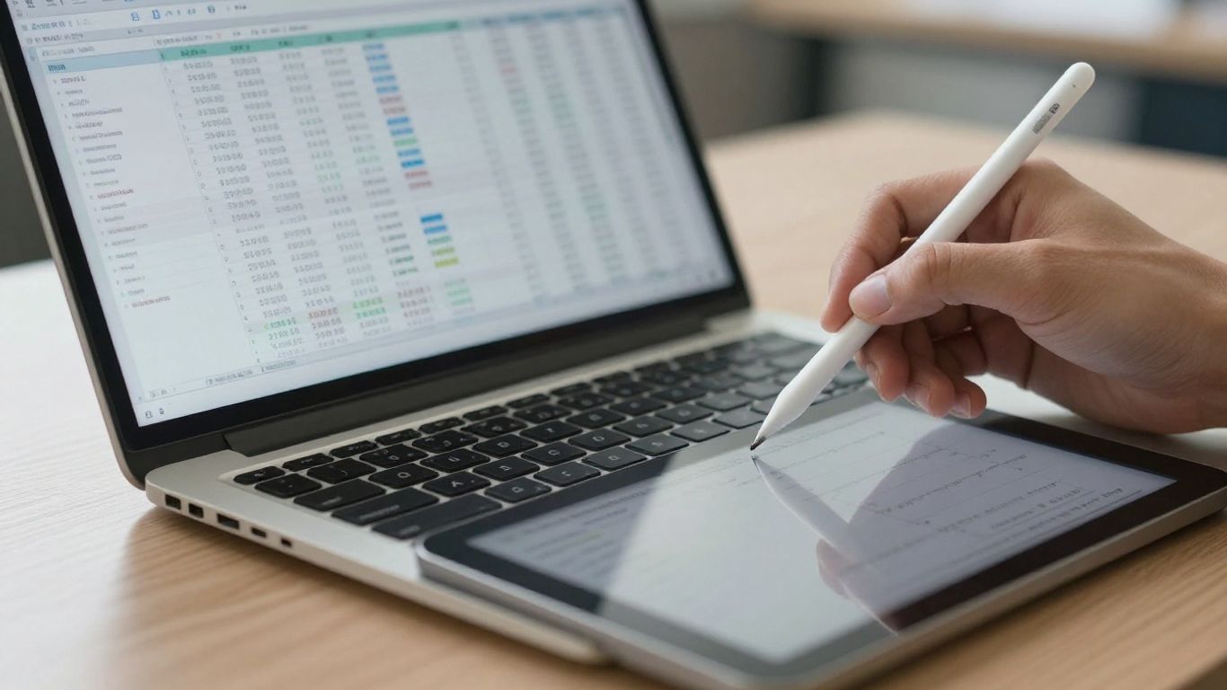 Digitale Arbeitsmittel und Finanzdokumente auf einem Schreibtisch.