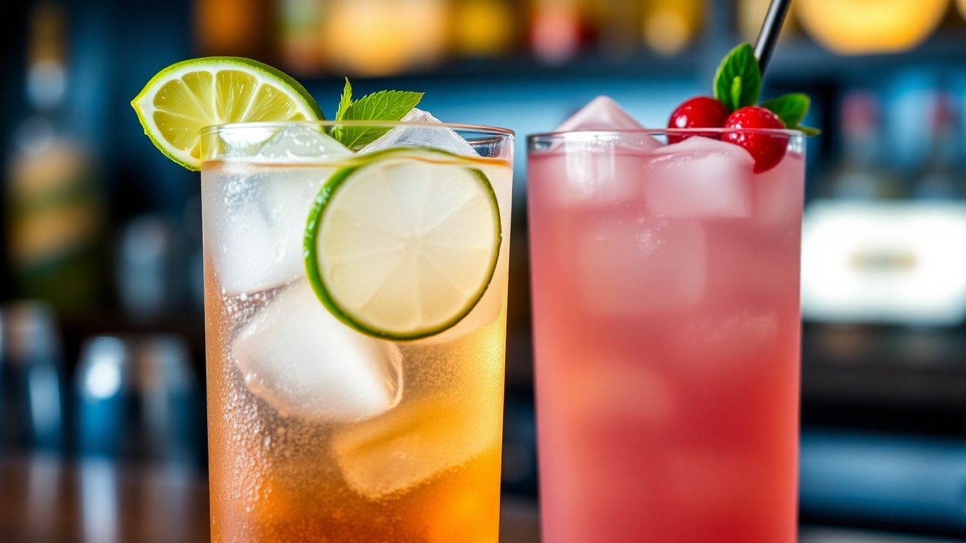 Zwei bunte Cocktails mit Garnitur und Eiswürfeln.