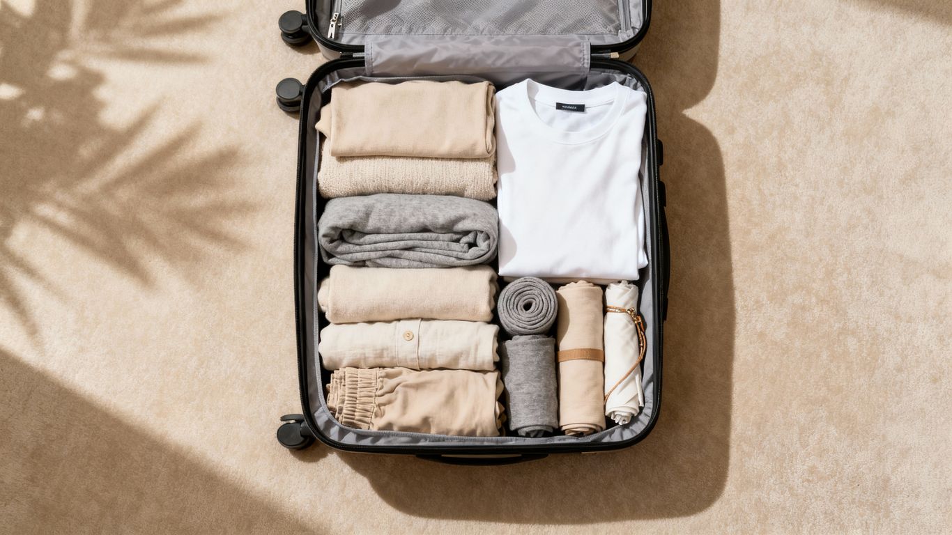 Capsule wardrobe items packed in a suitcase for travel.