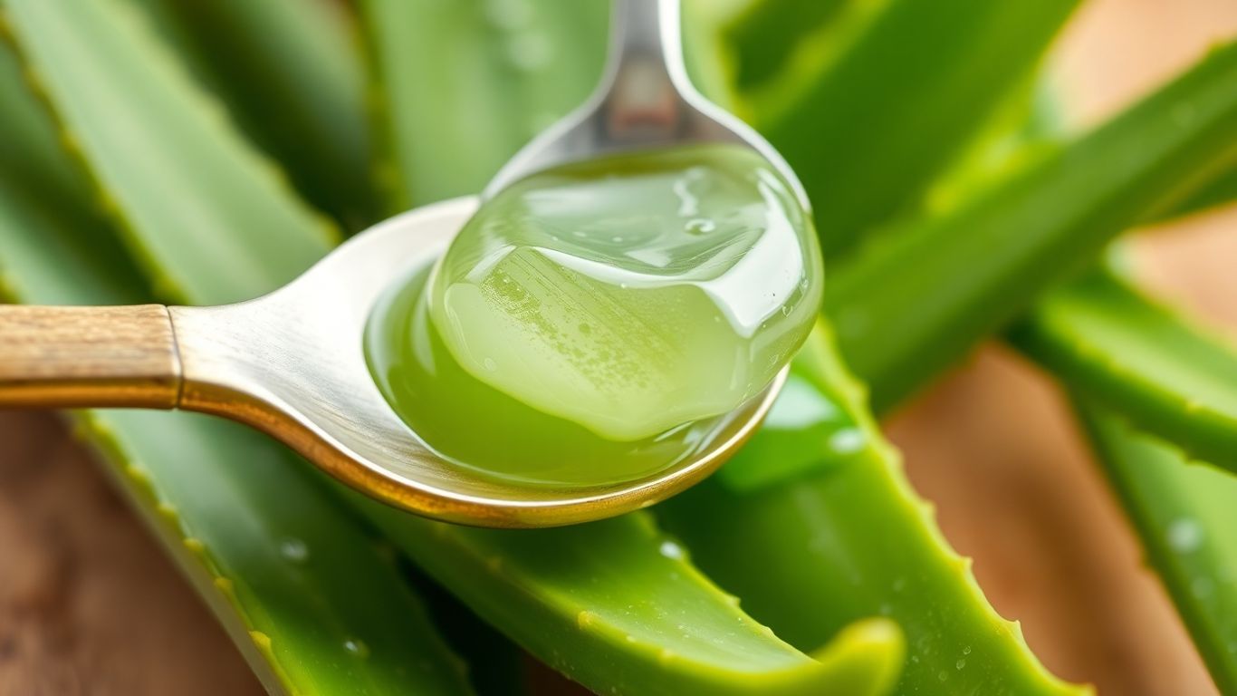 Fresh aloe vera leaves with glistening gel being scooped out.