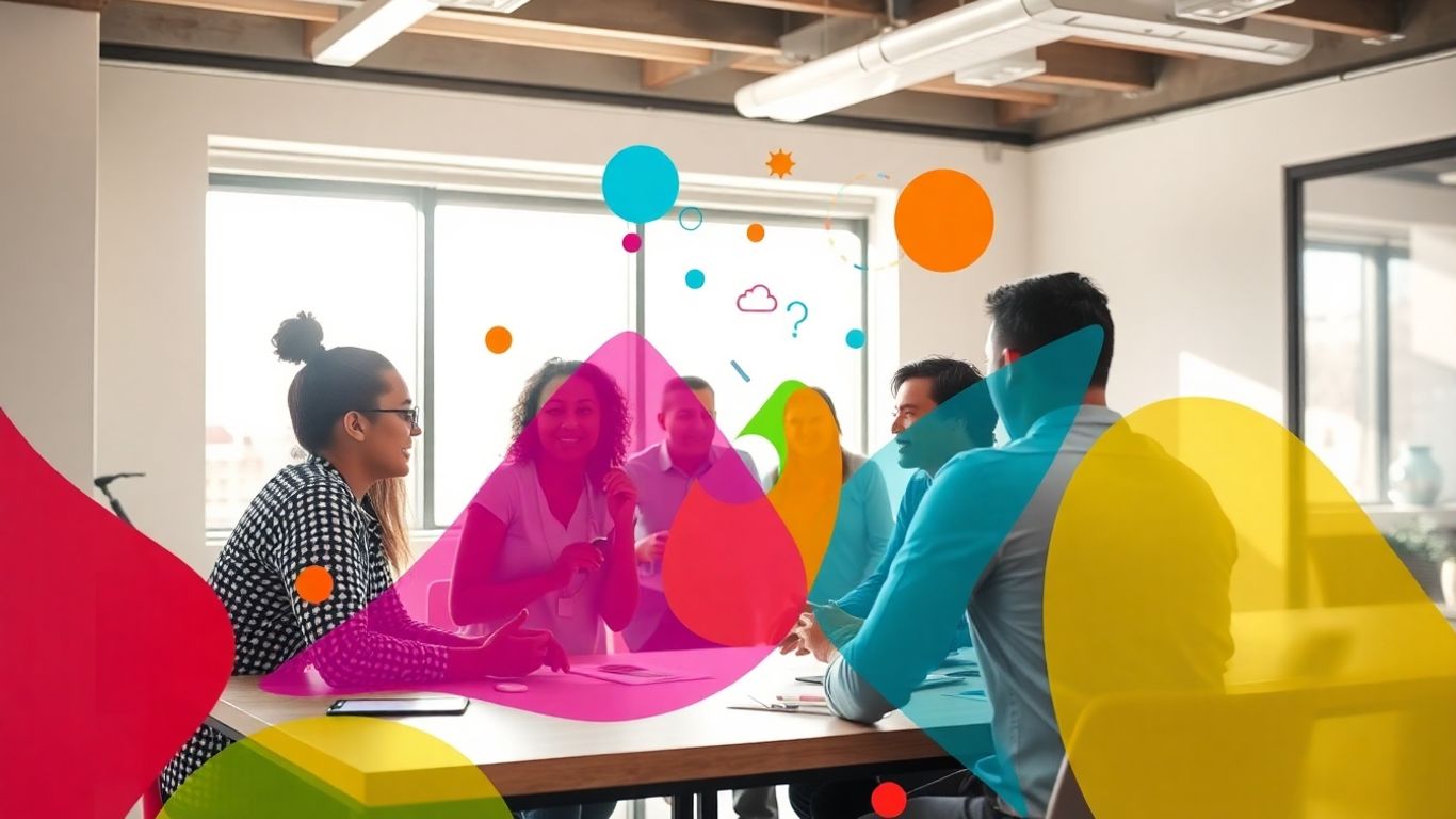 Team collaborating with colorful abstract shapes.