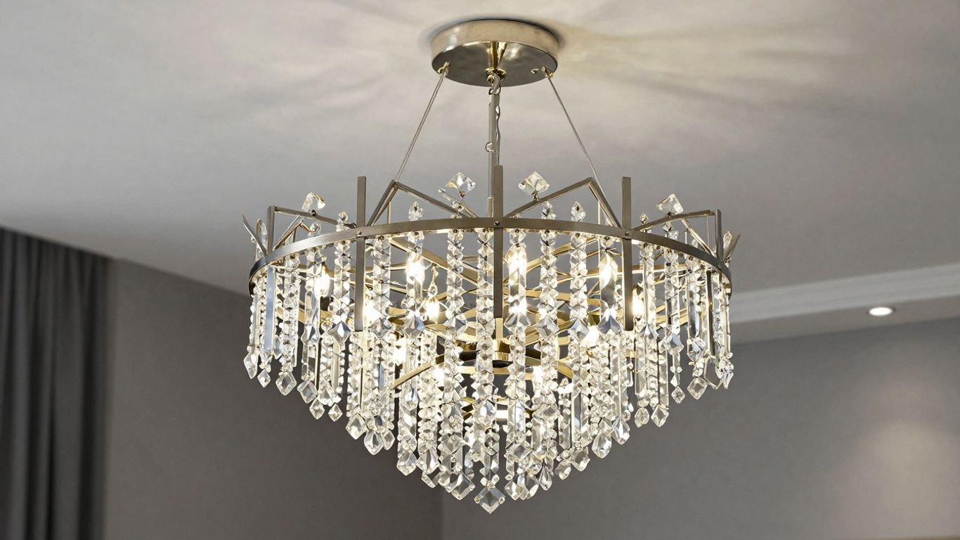 Modern UK chandelier with geometric metal and crystal.