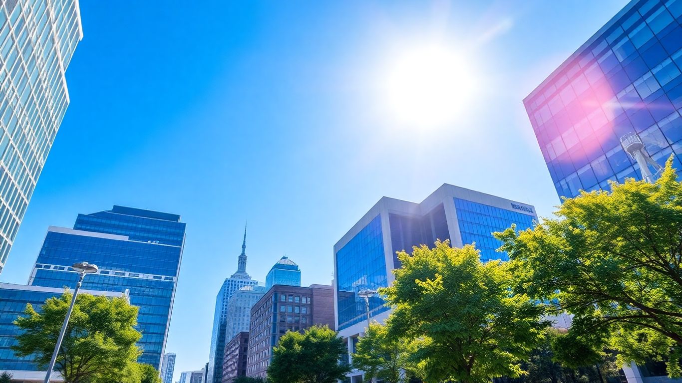 Wichita cityscape with modern buildings and trees.