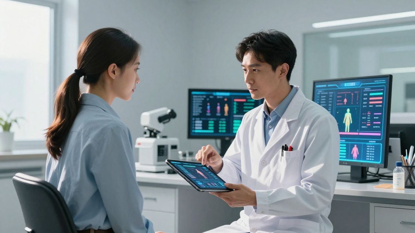 Médico analisando métricas de treino em tablet moderno.